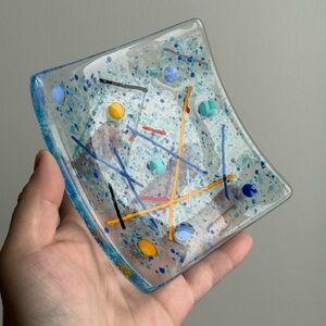 Vintage Millefiori Fused Murano Glass Trinket Dish Memphis Post Modern 5x5”